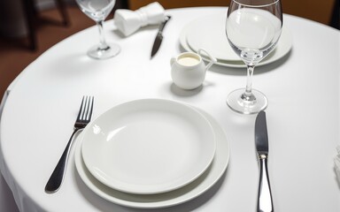 served table with white tablecloth. white plates, wine glass, fork, knife. High quality