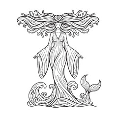 Artistic Thalassa Line Art – Thalassa Vector Illustration Balanced Ancient Sea Goddess Drawing – Thalassa Drawing – Line Art Drawing of Thalassa – Thalassa Icon – Greek Goddess Vector