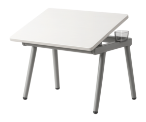 Ergonomically designed children's desk with a tilting tabletop for comfortable drawing in a study nook.