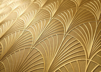 A beautiful and intricate Art Deco pattern featuring a series of embossed, repeating fan or shell designs in gold.