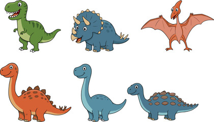 Cartoon dinosaurs, Tyrannosaurus rex, Triceratops, Pteranodon, Stegosaurus, Brachiosaurus, Ankylosaurus, cute prehistoric animals, playful vector illustration for kids education © CreativeArtist