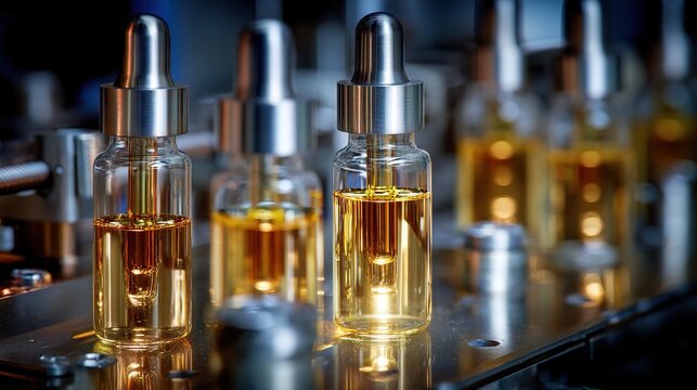 Glass dropper bottles with golden liquid and silver caps on reflective production line, skincare or essential oil manufacturing