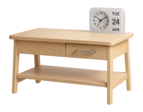 Children's desk with a built-in clock and calendar, helping to teach time management in a home study area.