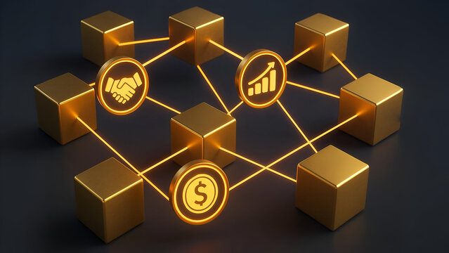 Abstract 3D Golden Cubes with Neon Lines Forming Blockchain Network and Corporate Icons
