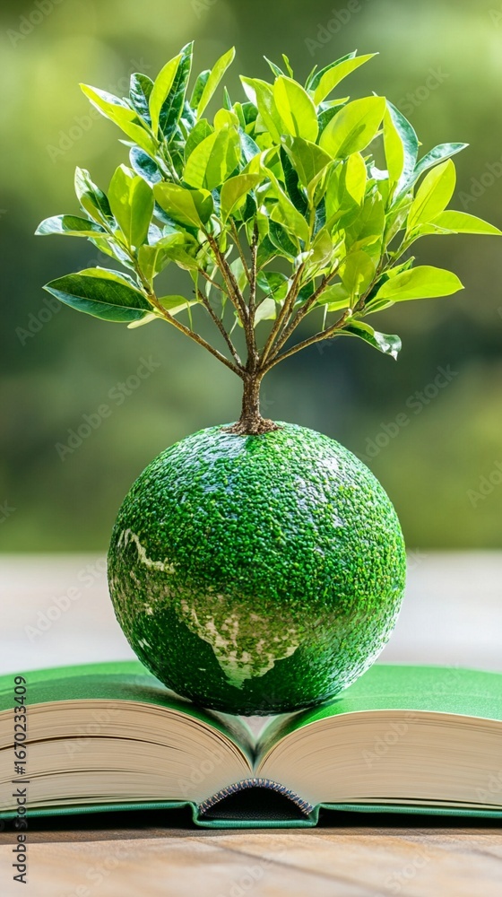 Poster growing knowledge: a vibrant green tree sprouting from a textured sphere, symbolizing learning and e