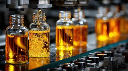 Industrial liquid injection process into glass bottle on production line, creating bubbles in golden fluid on black conveyor with blue trim