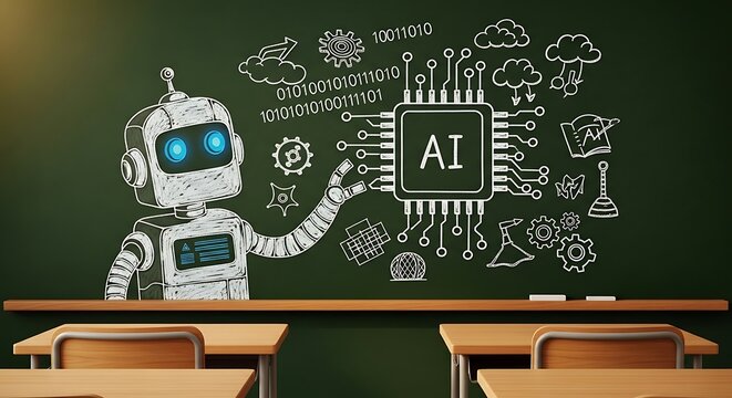Chalkboard Illustration of Robot Teaching AI in Classroom