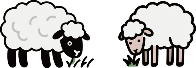 Simple and cute vector illustrations of two sheep with black and white faces, representing farm animals and livestock.