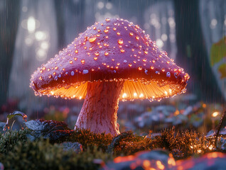 Glowing red mushroom in a misty forest background
