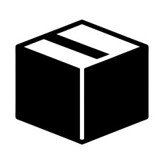 Stylized black and white illustration of a closed cardboard shipping box icon