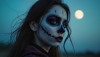 Woman with skull makeup gazing at the moonlit sky