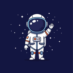 Cartoon Astronaut Waving Hand in Space with Stars and Dark Blue Background