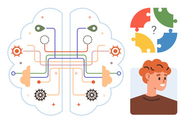 Brain outlined with gears, wires, and circuits puzzle pieces signifying problem-solving. Male figure shown considering ideas. Ideal for learning, education, creativity, teamwork, brainstorming