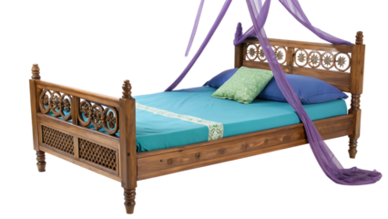 Traditional wooden bed with blue sheet and green bolsters PNG – Classic bedroom furniture. AI GENERATED.
