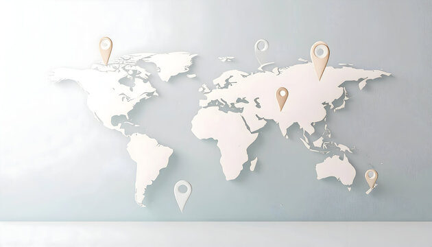 White Paper World Map with Wooden Pins on Light Blue Wall