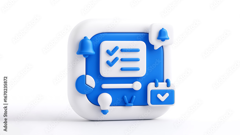 Poster 3d abstract productivity icon with checklist, calendar and notification symbols