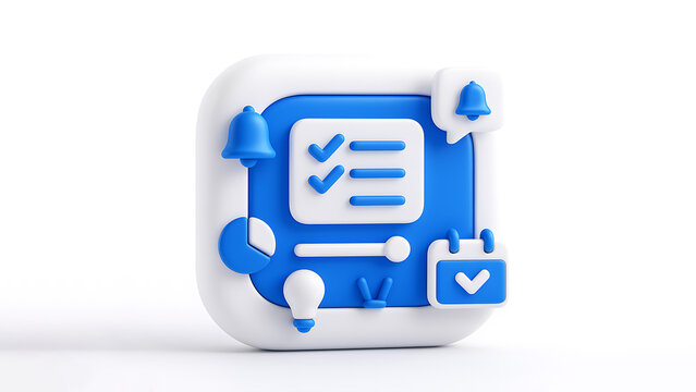 3D abstract productivity icon with checklist, calendar and notification symbols
