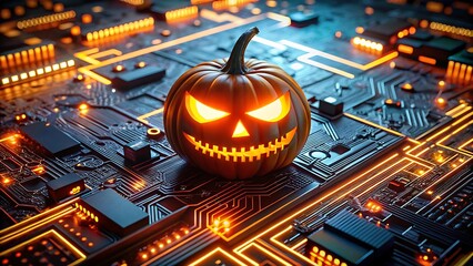 Halloween pumpkin on a futuristic circuit board