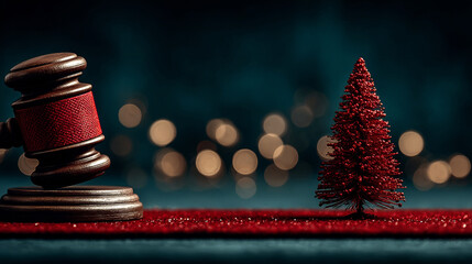 Wooden judicial gavel with red ribbon decorated for the Christmas beside a small red Christmas tree on a table covered with snowflakes. Christmas and New Year greetings from the law firm. Copy space