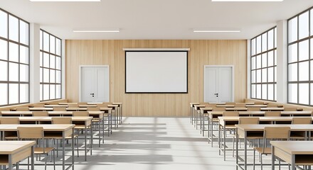 Empty Classroom with Rows of Desks, Projection Screen, and Large Windows