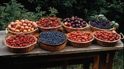 Freshly picked fruits and berries in woven baskets, arranged on a wooden table outdoors
