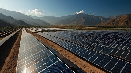 Vast solar panel array stretches across a valley, with mountains in the background