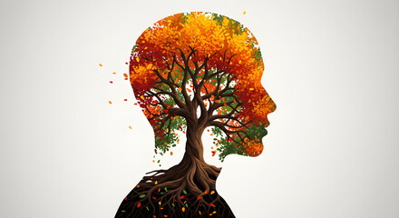 Human mind illustrated with a tree representing growth, nature, and mental well-being on white
