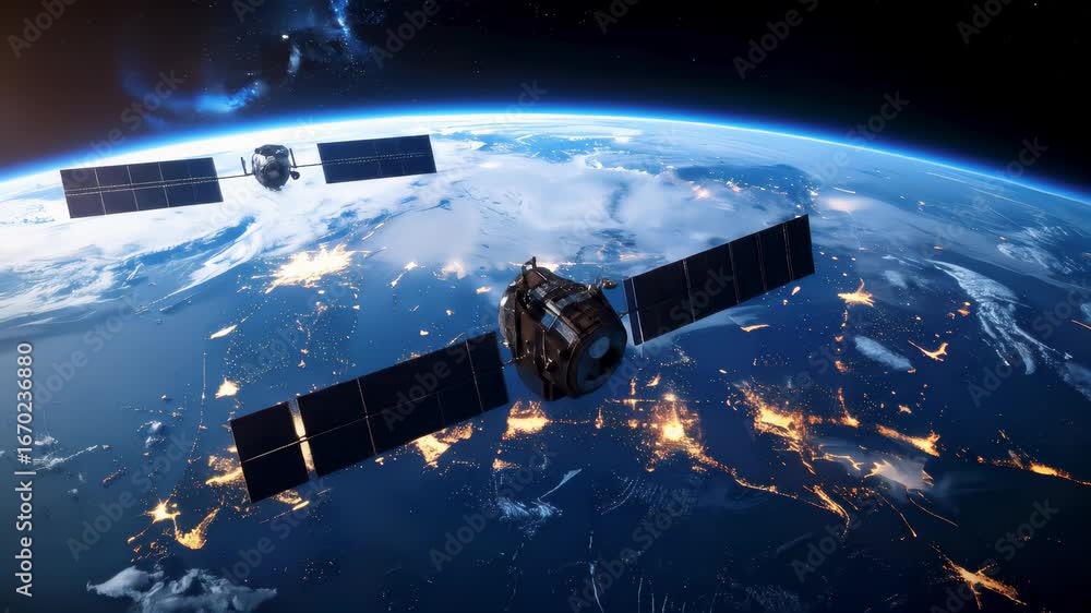 Poster futuristic ai satellite scanning earth orbit with advanced sensors and beams of light, monitoring an