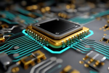 Futuristic Microchip on PCB with Glowing Circuit Traces, Macro Technology Background