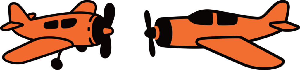 A charming duo of vintage airplane illustrations in a cartoon doodle style, featuring a side view and a frontal view of two prop planes. © 张锋