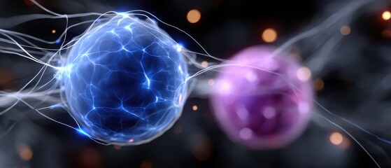 Quantum Entanglement Concept: Glowing Energy Particles with Electric Arcs on Dark Background