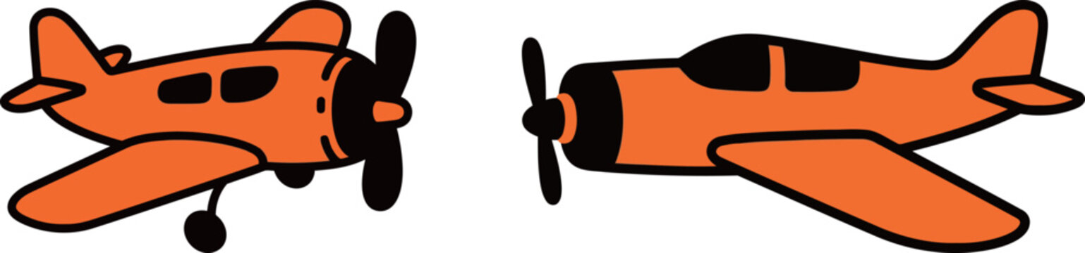 A charming duo of vintage airplane illustrations in a cartoon doodle style, featuring a side view and a frontal view of two prop planes.