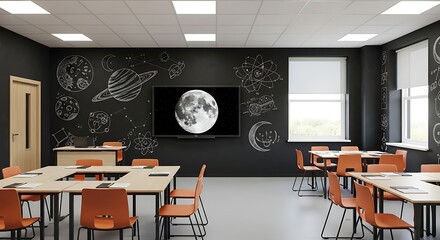 Modern Classroom with Chalkboard Wall Featuring Planets and a Moon Display