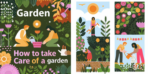 Diverse people tending to lush gardens and plants with watering cans and tools