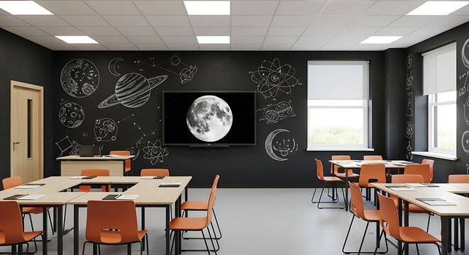 Modern Classroom with Chalkboard Wall Featuring Planets and a Moon Display