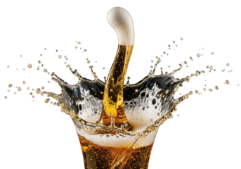 Radiant golden beer splash, translucent with intricate frothy white foam and glistening droplets, isolated on a pure black studio background, captured in high-speed, Concept for beverage advertising