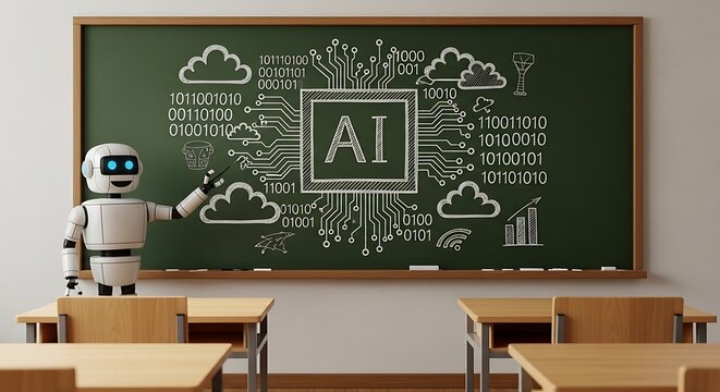 Robot Teacher Explains AI on Chalkboard in Classroom - Powered by Adobe