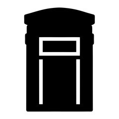 Simple black and white illustration of a portable toilet or porta potty