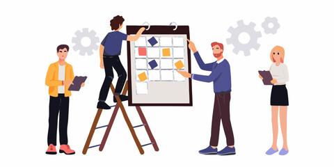Team collaborating on a large calendar board with sticky notes and gears symbolizing teamwork and planning