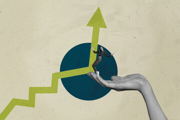 Collage with person observing rising arrow symbolizing startup growth business income statistics...
