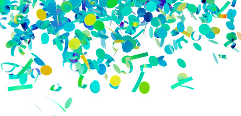 Bright teal, green, and yellow confetti falling on white background. Perfect for party, celebration, and festive designs.