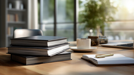 Business education materials, the professional scene illuminated by gentle sunlight. Business, education, with copy space