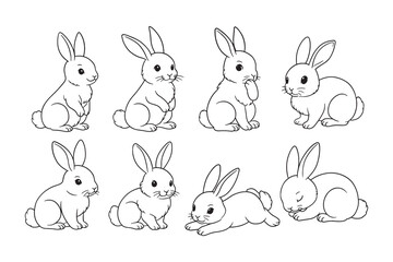 Set of minimalist rabbit line drawings in varied poses—cute, simple illustrations suited for children’s design, patterns, and crafts.