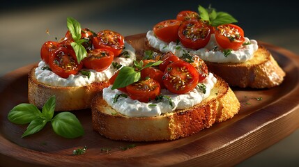 Delicious bruschetta recipe: toasted bread with creamy cheese and fresh cherry tomatoes and basil garnish