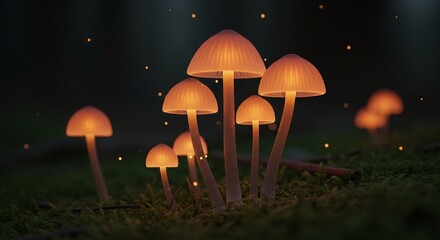 Fototapeta premium Glowing mushrooms in a dark, mystical forest setting