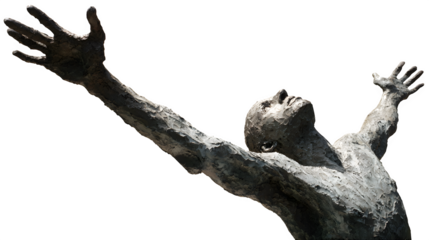 Expressive sculpture of man dramatically reaching upward