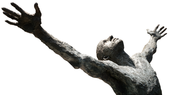 Expressive sculpture of man dramatically reaching upward