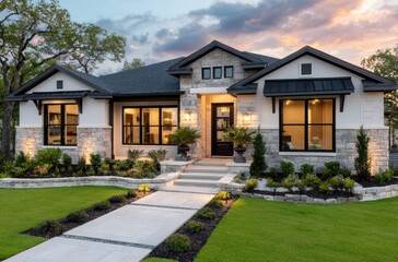 beautiful new single-story home in the woodlands, texas, with a stone exterior and green grass on the front yard at sunset