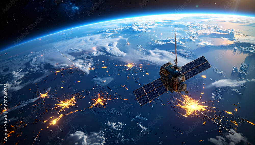 Poster futuristic ai satellite scanning earth orbit with advanced sensors and beams of light, monitoring an