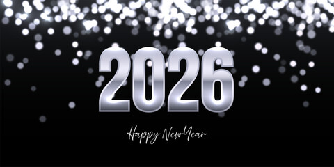 Silver 2026 New Year greeting card. Shiny numbers 2026 with sparkling bokeh lights on black. Merry Christmas festive postcard, invitation, banner, poster. Luxury vector illustration.